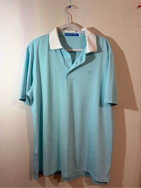 Southern Tide Men's Large Aqua Polo White Collar short sleeve blue striped shirt